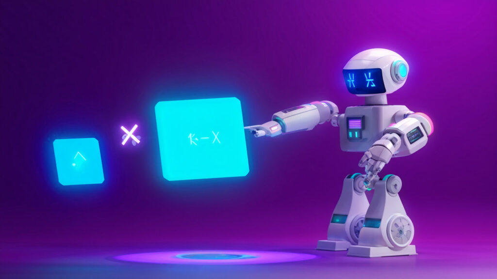 a digital render of an ai robot strategically tweaking a marketing campaign on a holographic interf