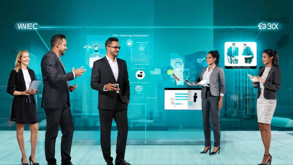 illustration of a diverse group engaging with a virtual assistant within a sleek modern office envi