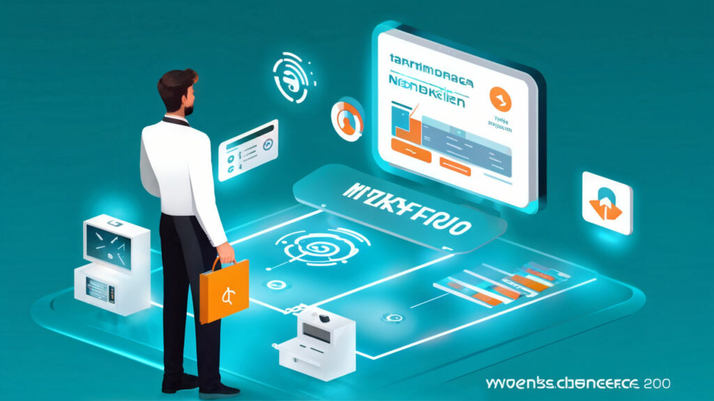 illustration of a marketer interacting with a floating holographic interface displaying digital cont